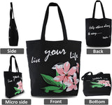 Canvas Tote Bag for Women, Beach Bags Reusable Gym Tote Bags Black with Colorful Flower- Large/Medium