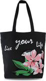 Canvas Tote Bag for Women, Beach Bags Reusable Gym Tote Bags Black with Colorful Flower- Large/Medium
